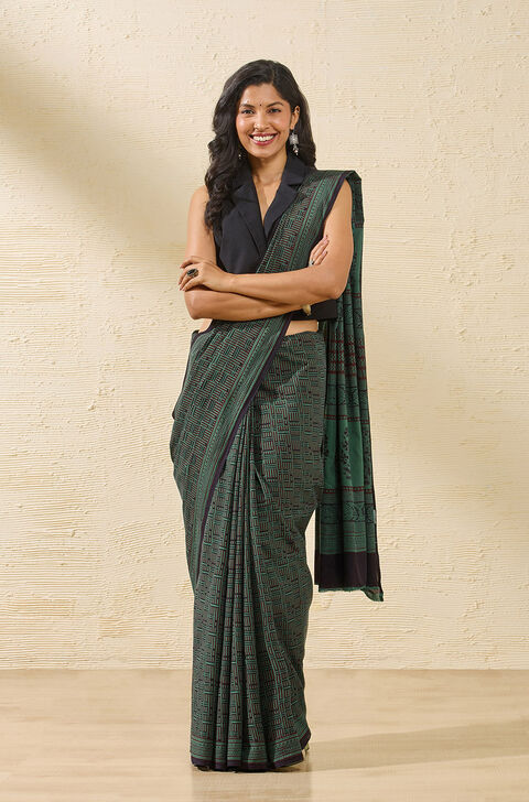 Dark Green Bagh Block Printed Pure Cotton Saree