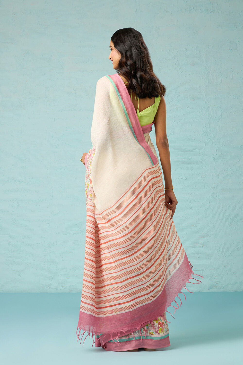 Off White Screen Printed Pure Linen Saree image number null