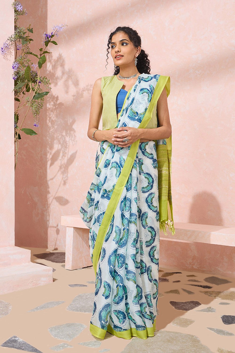 Off White Screen Printed Silk Modal Saree image number null