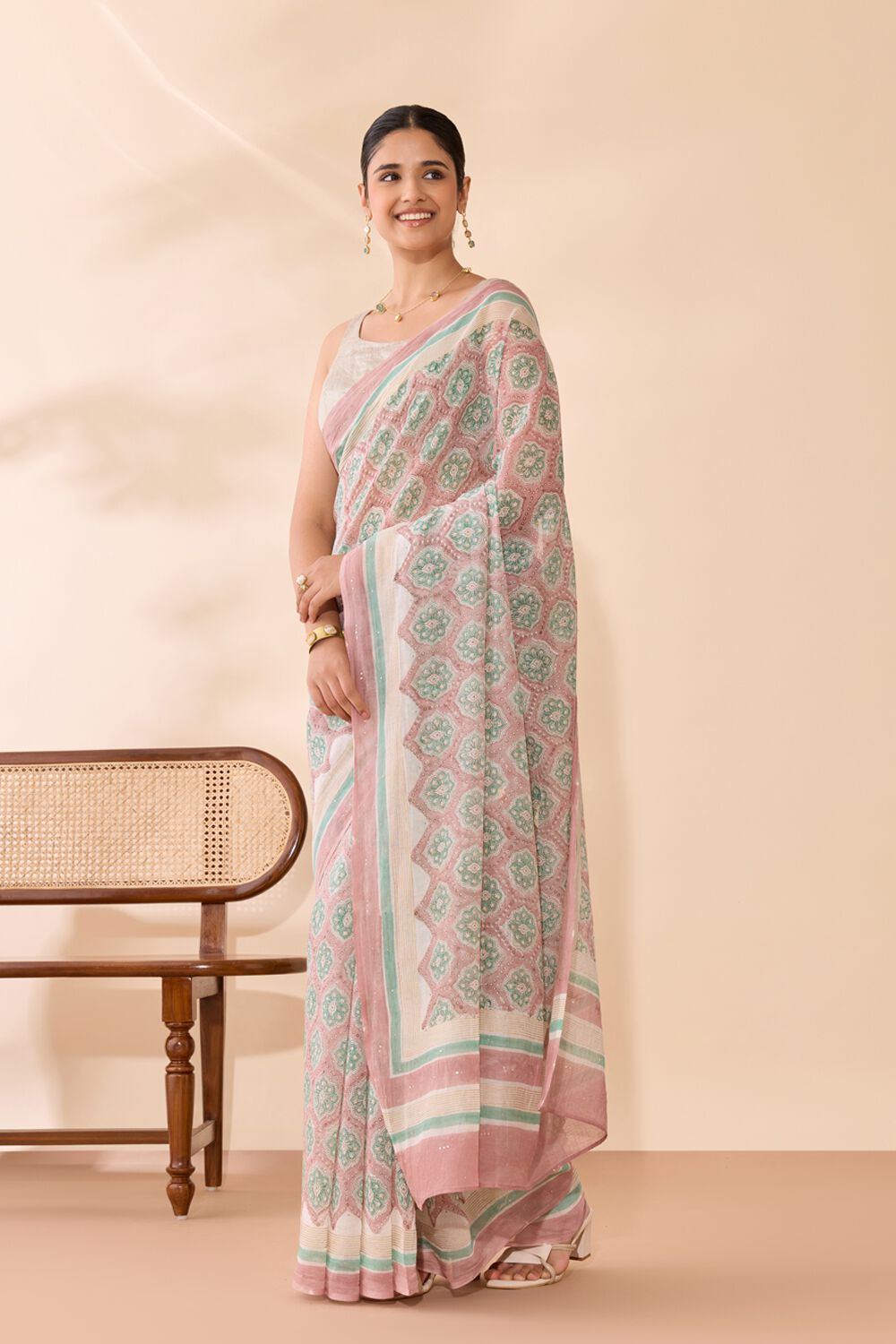 Light Pink Rajasthan Pure Silk Cotton Printed Mukaish Saree image number null