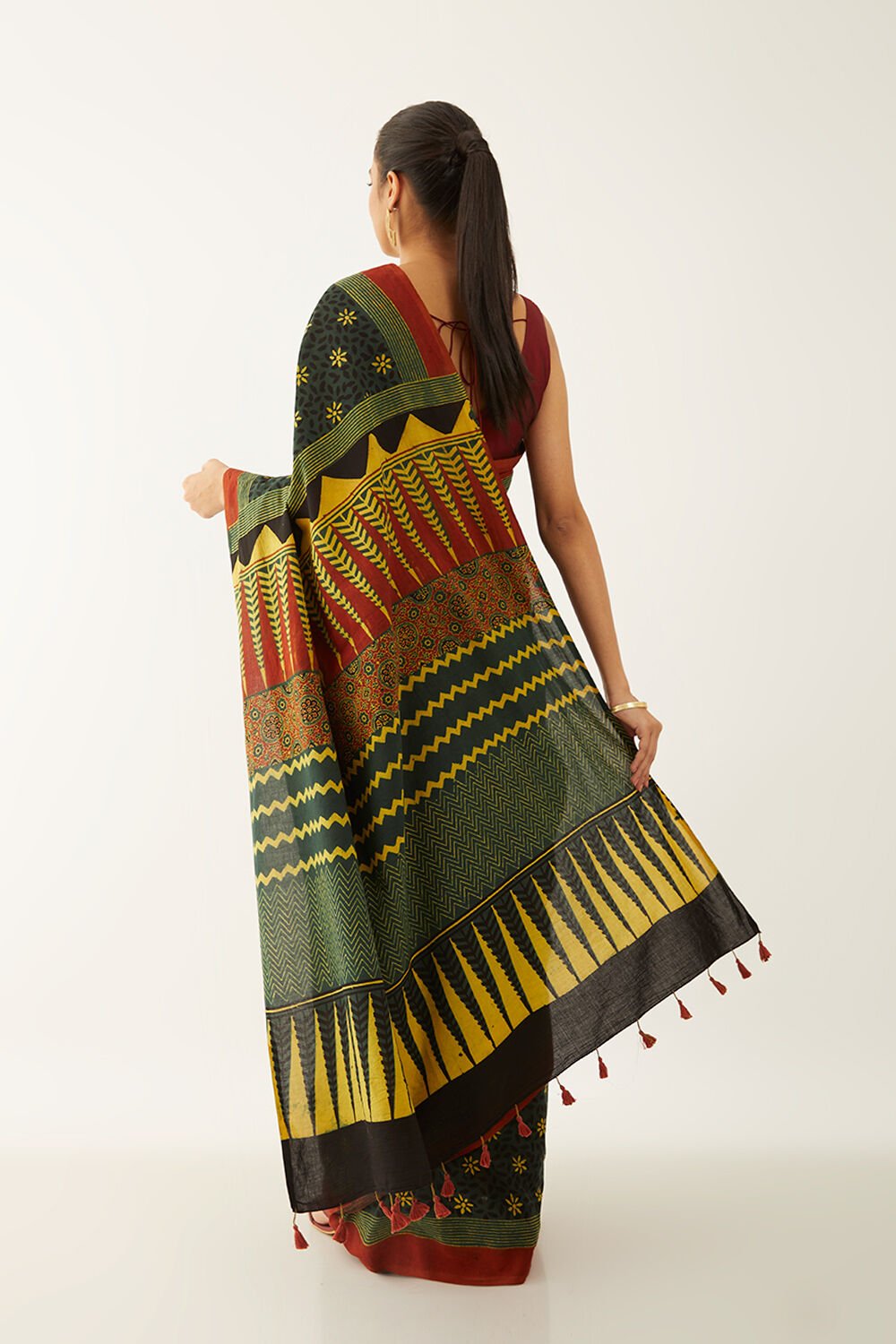 Green Pure Cotton Ajrakh Block Print Saree image number null