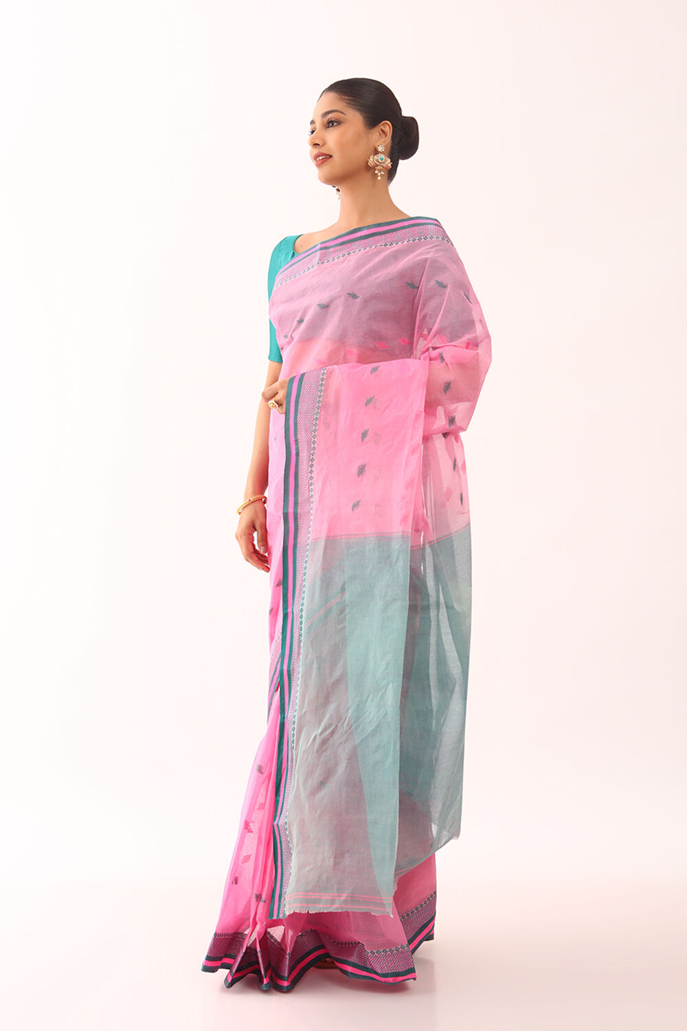 Pink Woven Pure Cotton Bengali Saree image number null