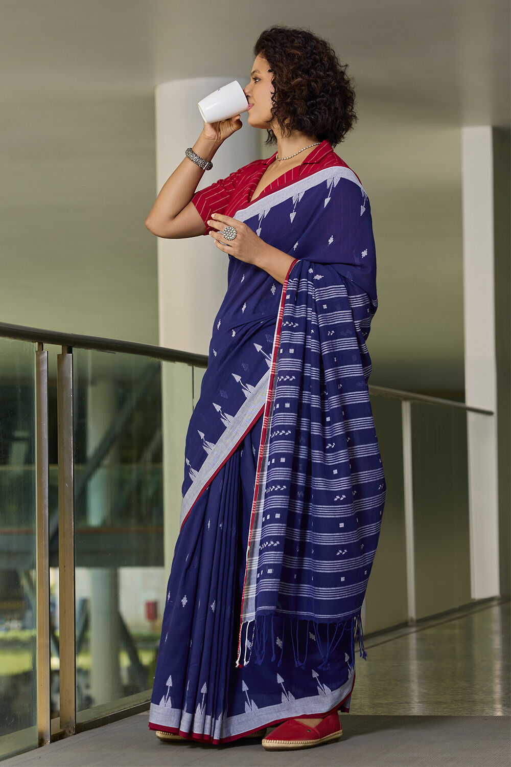 Dark Blue Bengal Pure Cotton Jamdani Saree image number null