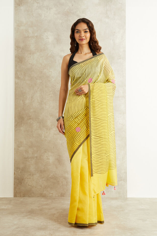 Yellow Block Printed Pure Silk Cotton Bengal Saree