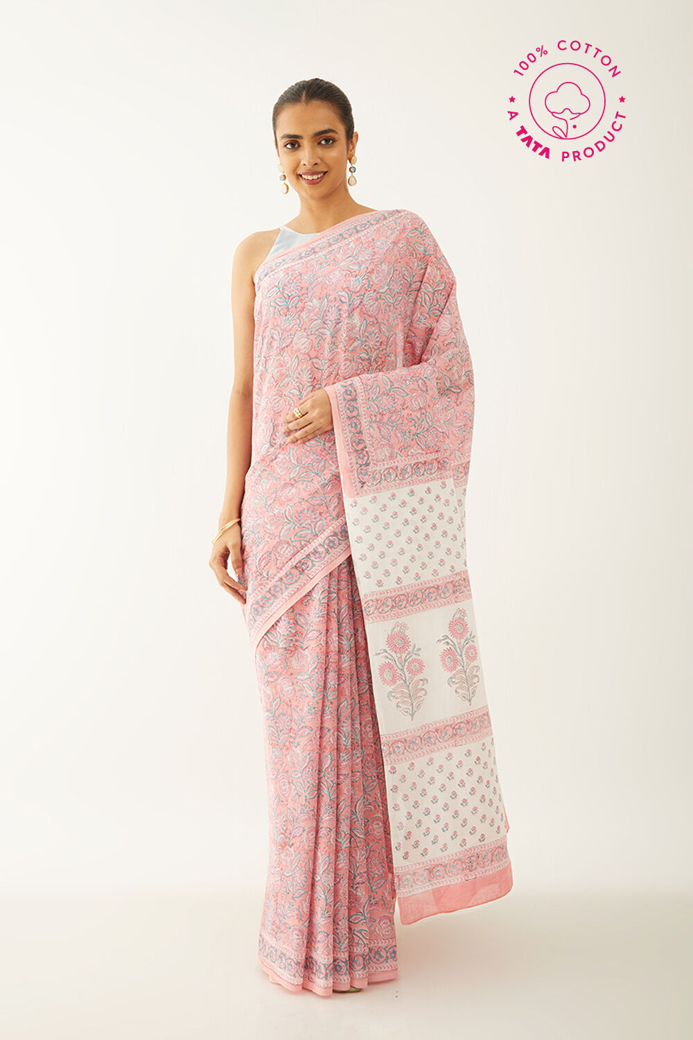Light Pink Pure Cotton Block Print Saree image number null