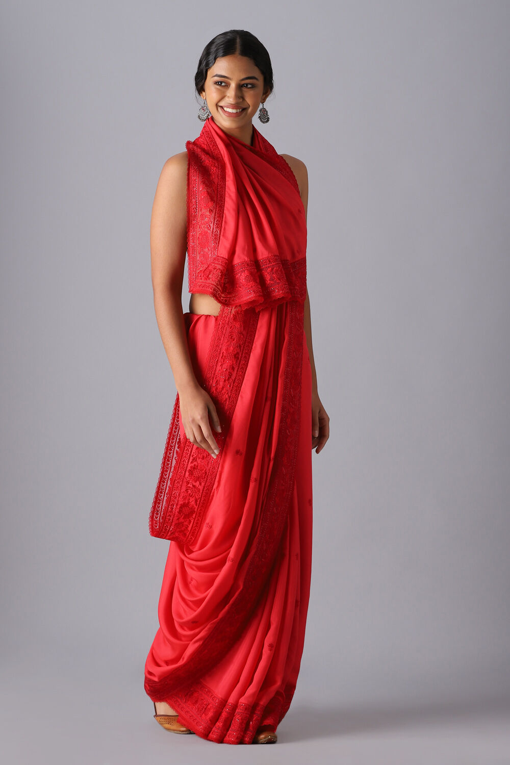 Red Viscose Embroidered Saree image number null
