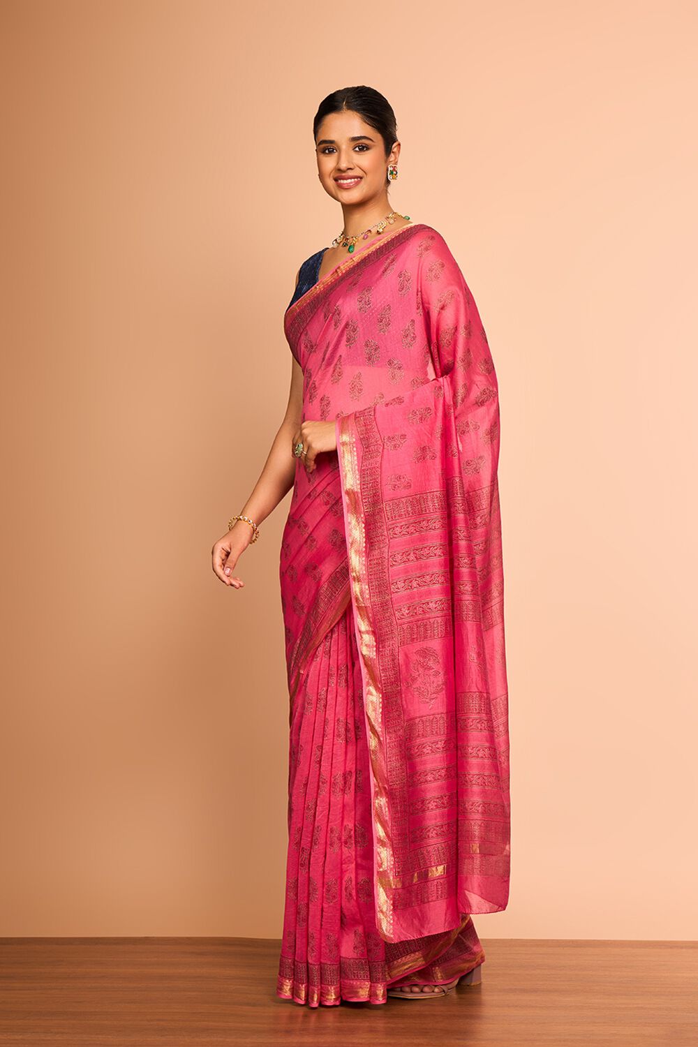 Pink Rajasthan Pure Silk Cotton Printed Sanganeri Saree image number null
