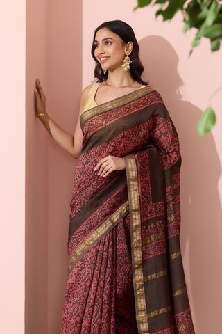 Light Orange Ujjain Pure Silk Cotton Batik Saree image number