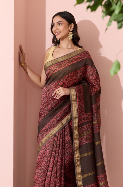 Light Orange Ujjain Pure Silk Cotton Batik Saree