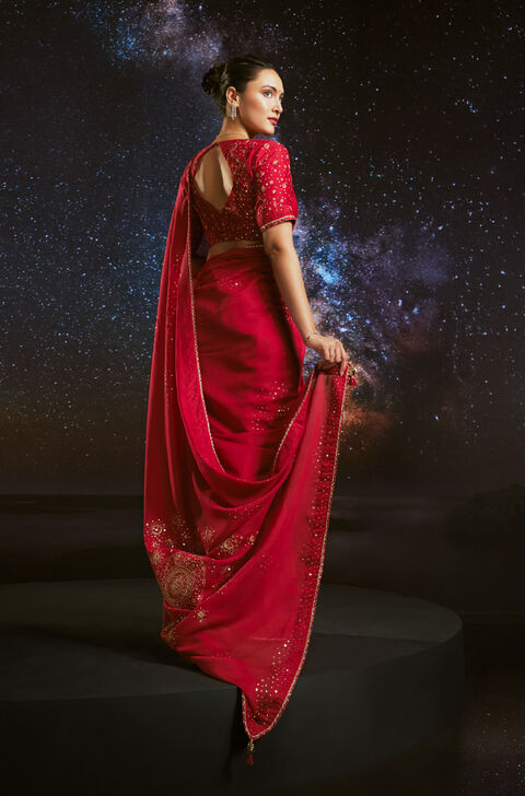 Red Pure Silk Cotton Embroidered Saree