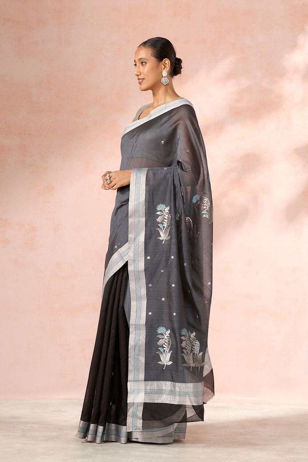 Black Chanderi Pure Silk Cotton Woven Saree image number null