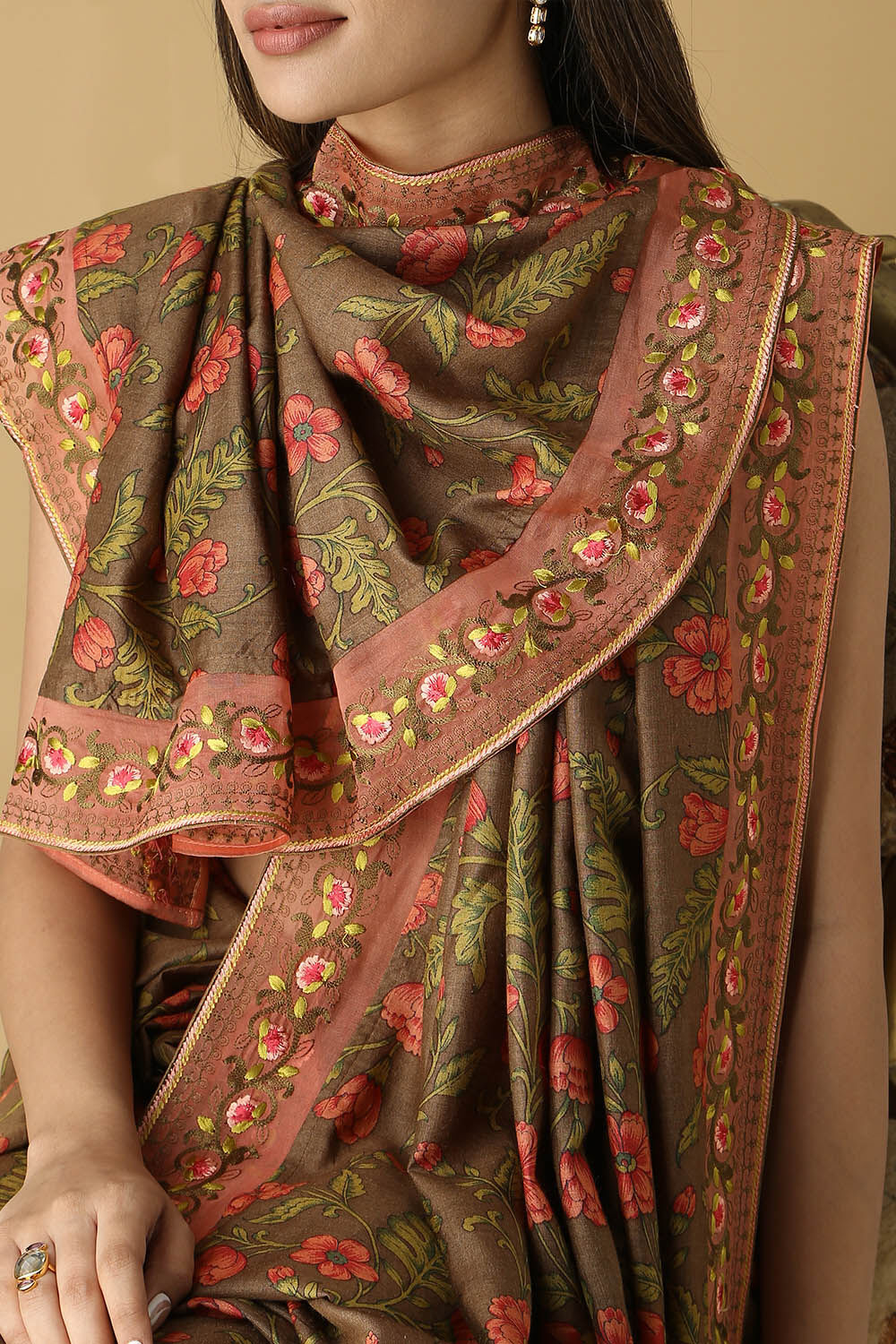 Brown Pure Tussar Silk Printed Saree image number null