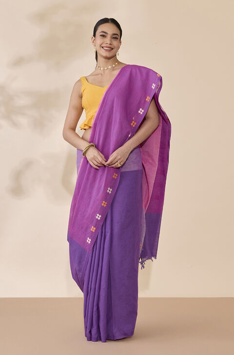 Purple Woven Pure Cotton Bengal Saree