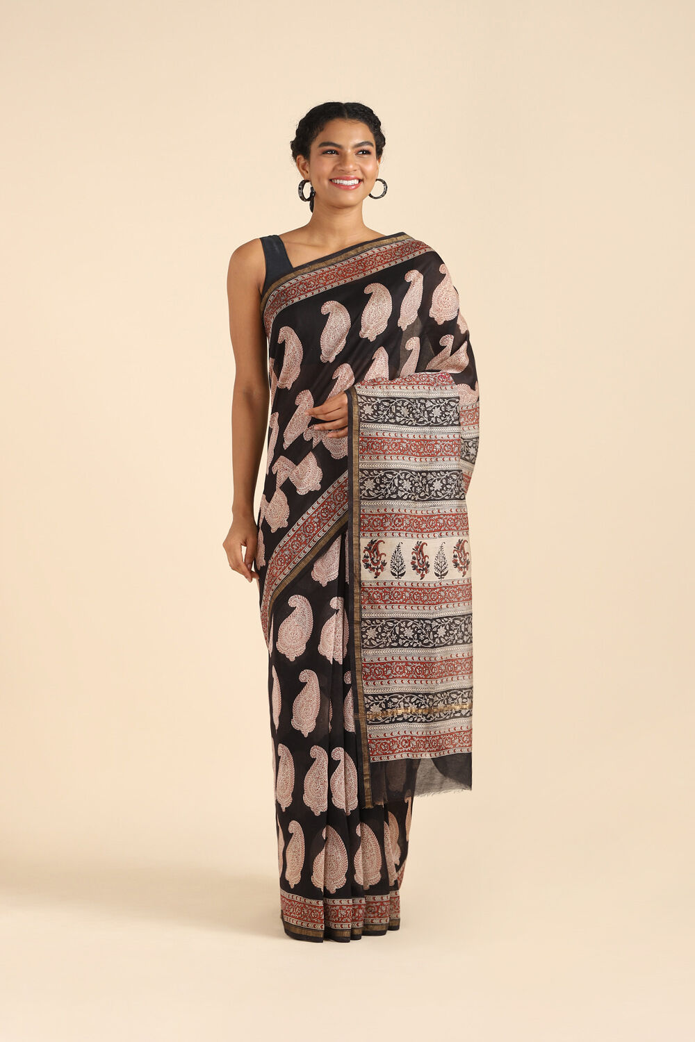 Black Pure Silk Cotton Bagru Printed Saree image number null