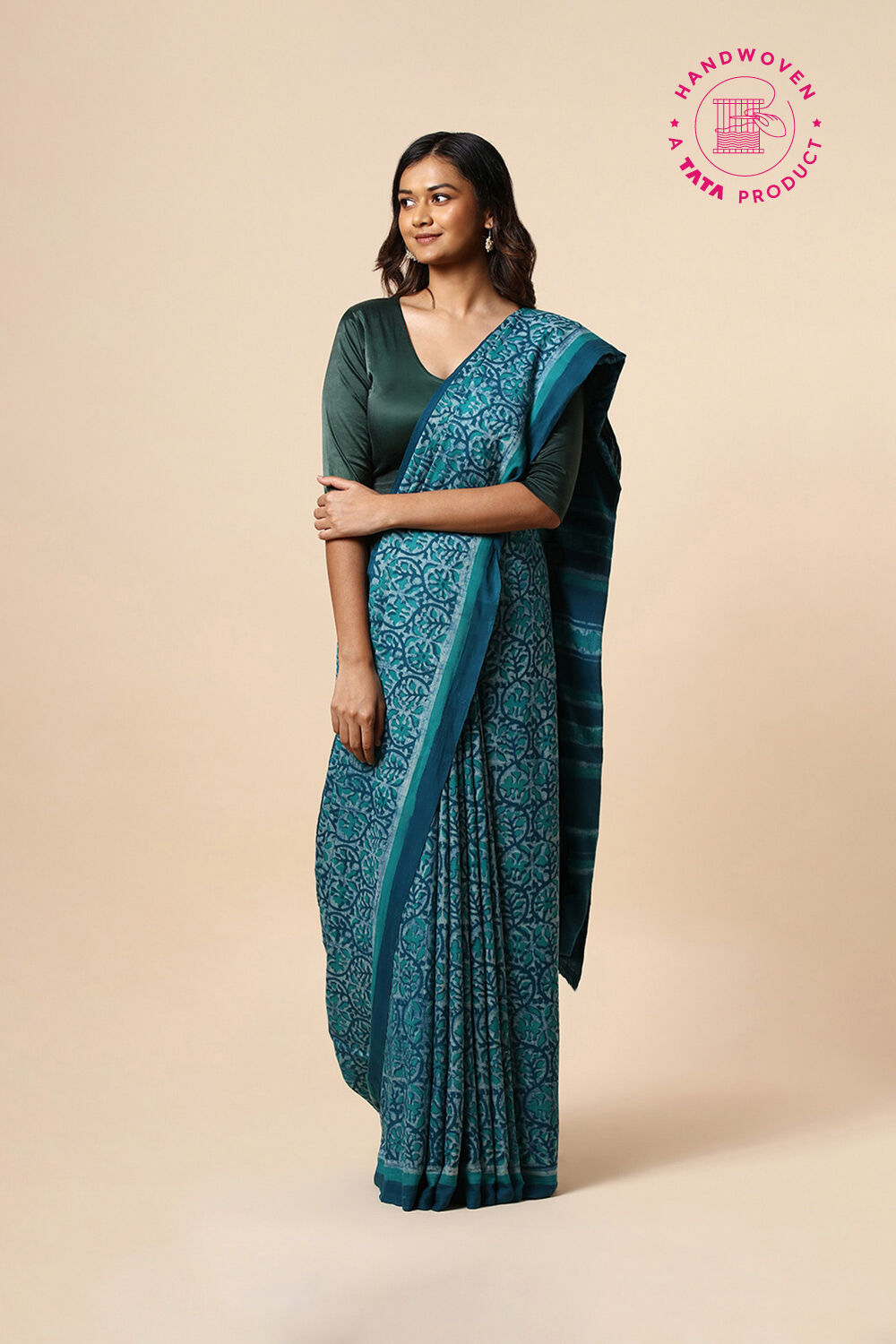 Blue Pure Khadi Cotton Dabu Printed Saree image number null