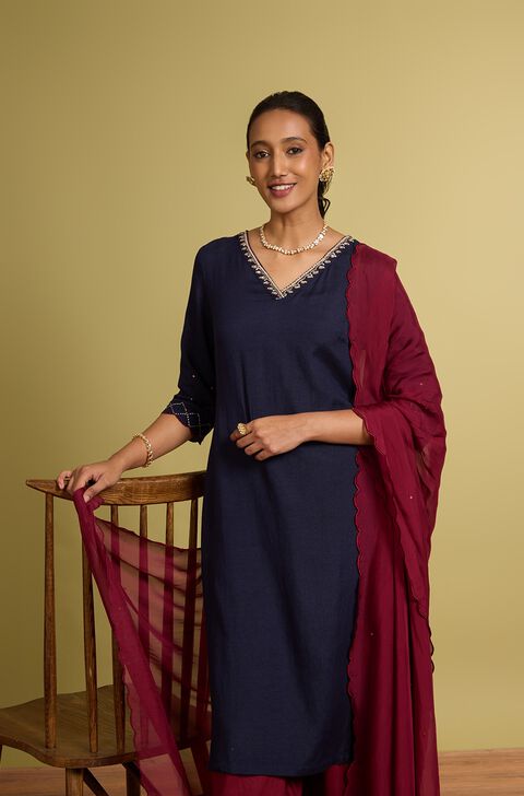 Blue Viscose Cotton Linen Embroidered Kurta Set