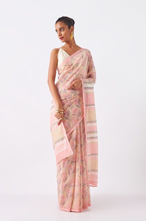 Light Pink Pure Silk Cotton Printed Saree
