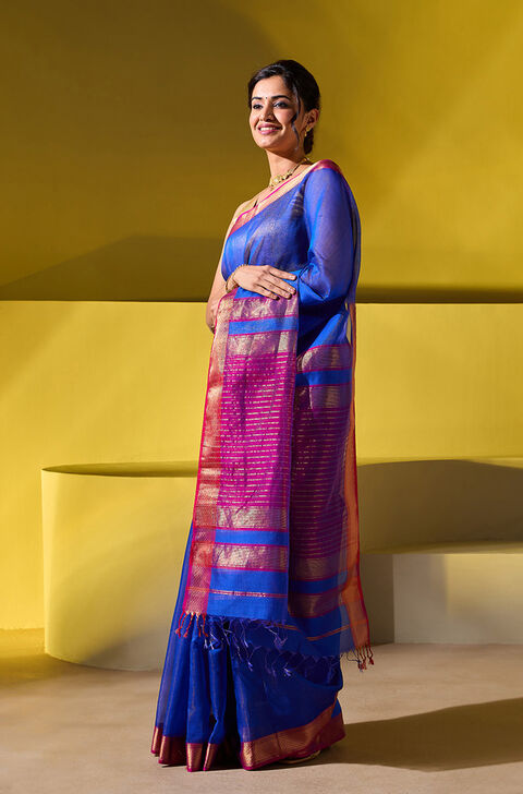 Blue Woven Pure Silk Cotton Maheshwari Saree