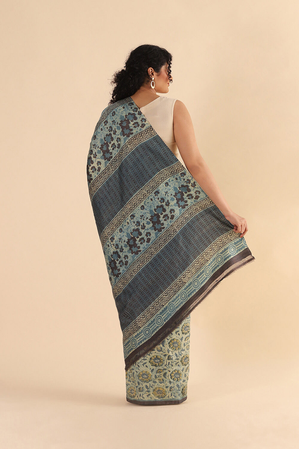 Blue Pure Silk Ajrakh Printed Saree image number null