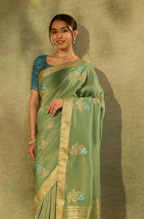 Green Viscose Tissue Embroidered Saree