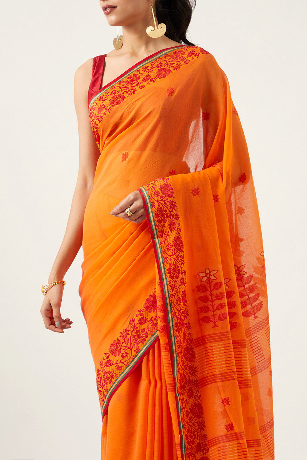 Orange Pure Cotton Jamdani Bengali Saree image number null