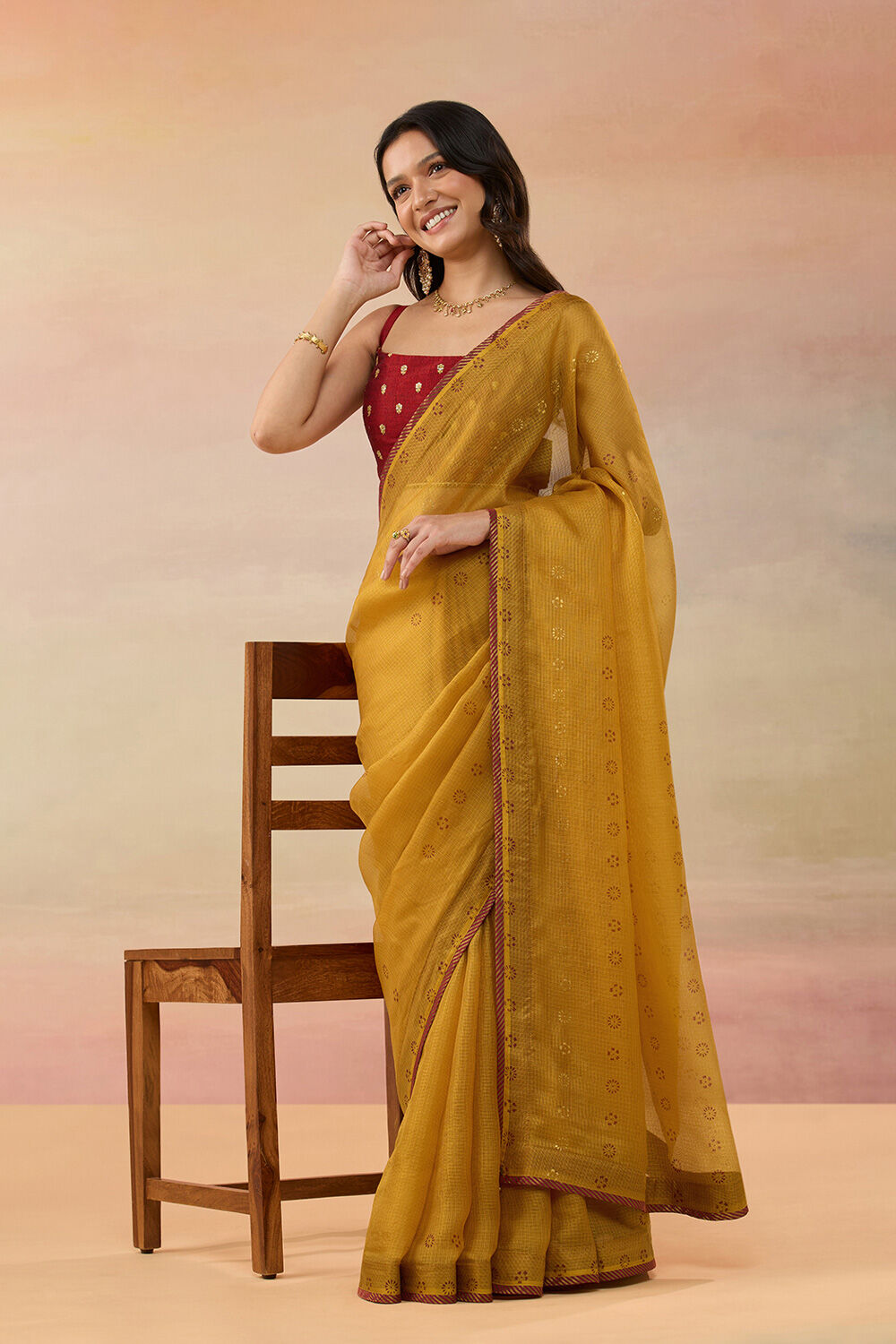 Yellow Pure Silk Kota Block Printed Saree image number null