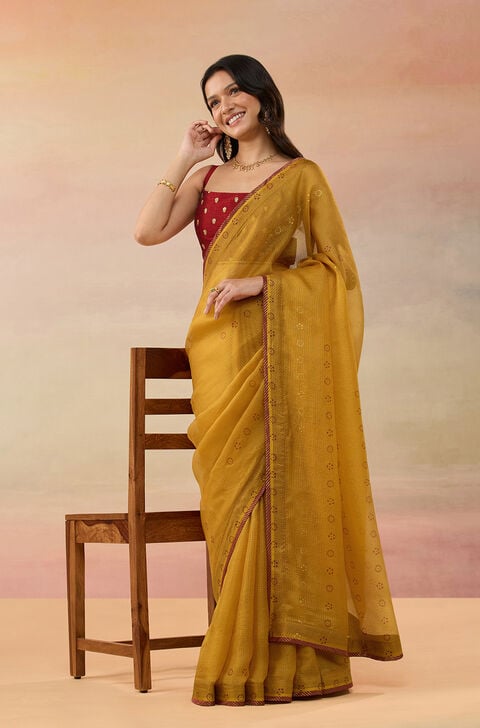 Yellow Pure Silk Kota Block Printed Saree