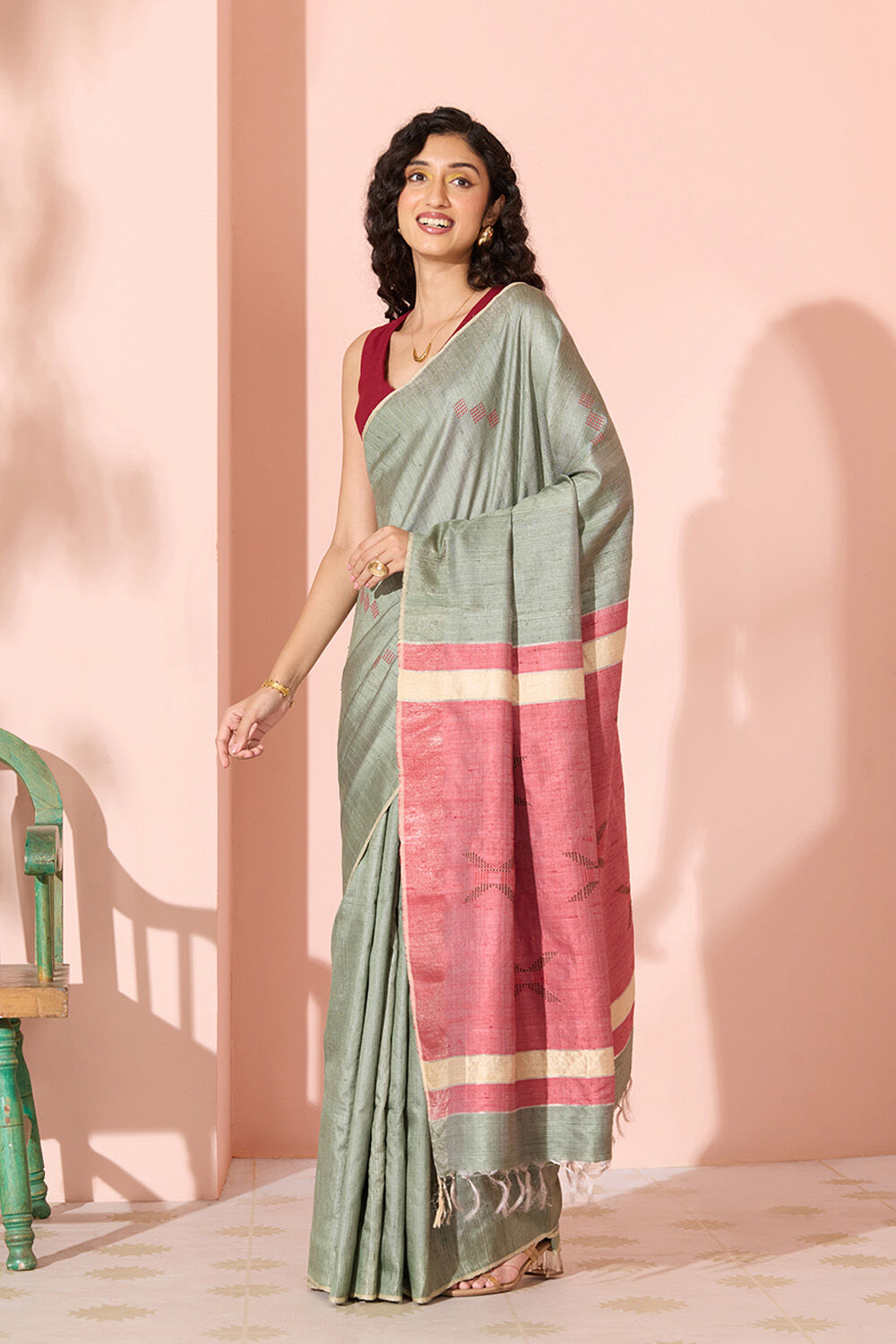 Dark Green Woven Pure Tussar Silk Bhagalpur Saree image number null