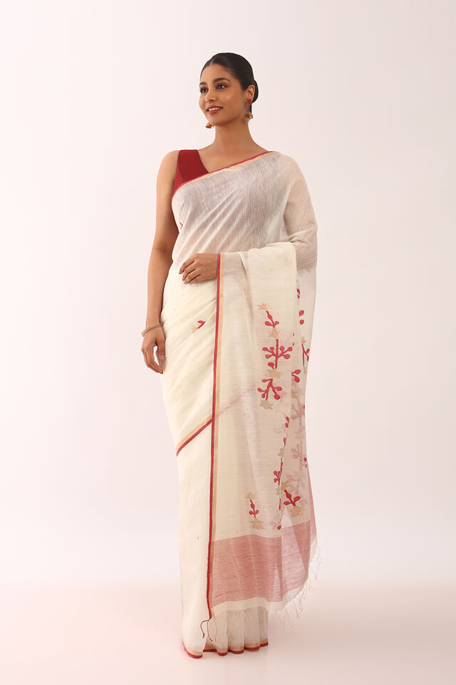 Off-White Bengali Silk Khadi Cotton Jamdani Saree
