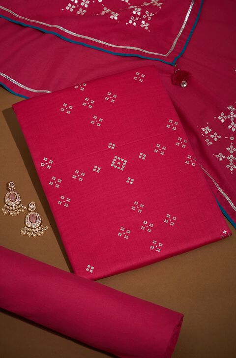 Dark Pink Screen Printed Pure Silk Cotton Unstitched Suit Set