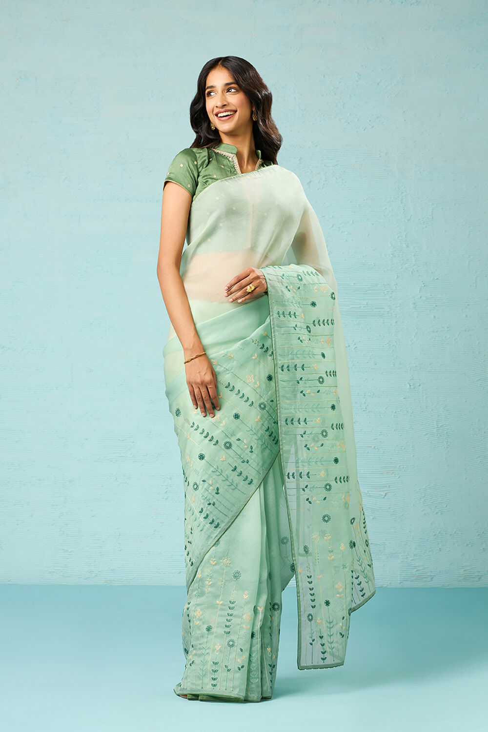 Light Green Pure Silk Organza Embroidered Saree image number null