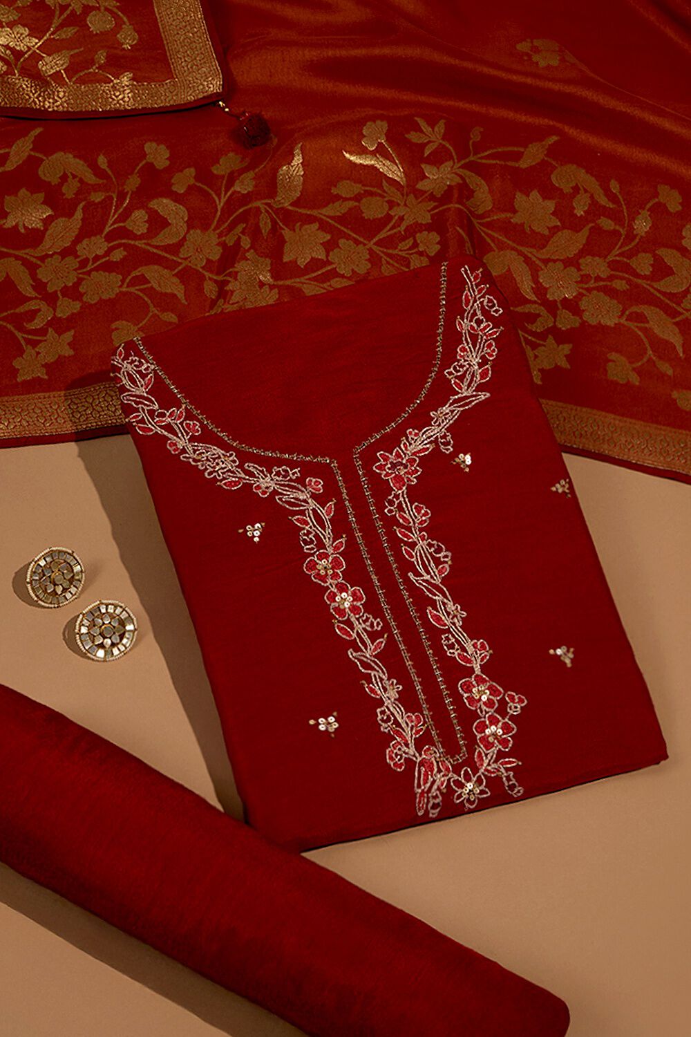 Red Pure Viscose Embroidered Unstitched Suit Set image number null