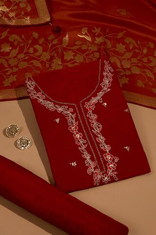 Red Pure Viscose Embroidered Unstitched Suit Set image number