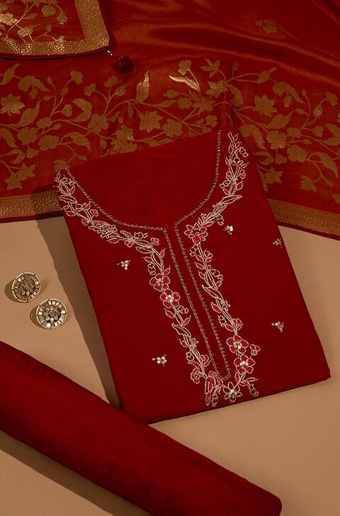 Red Pure Viscose Embroidered Unstitched Suit Set
