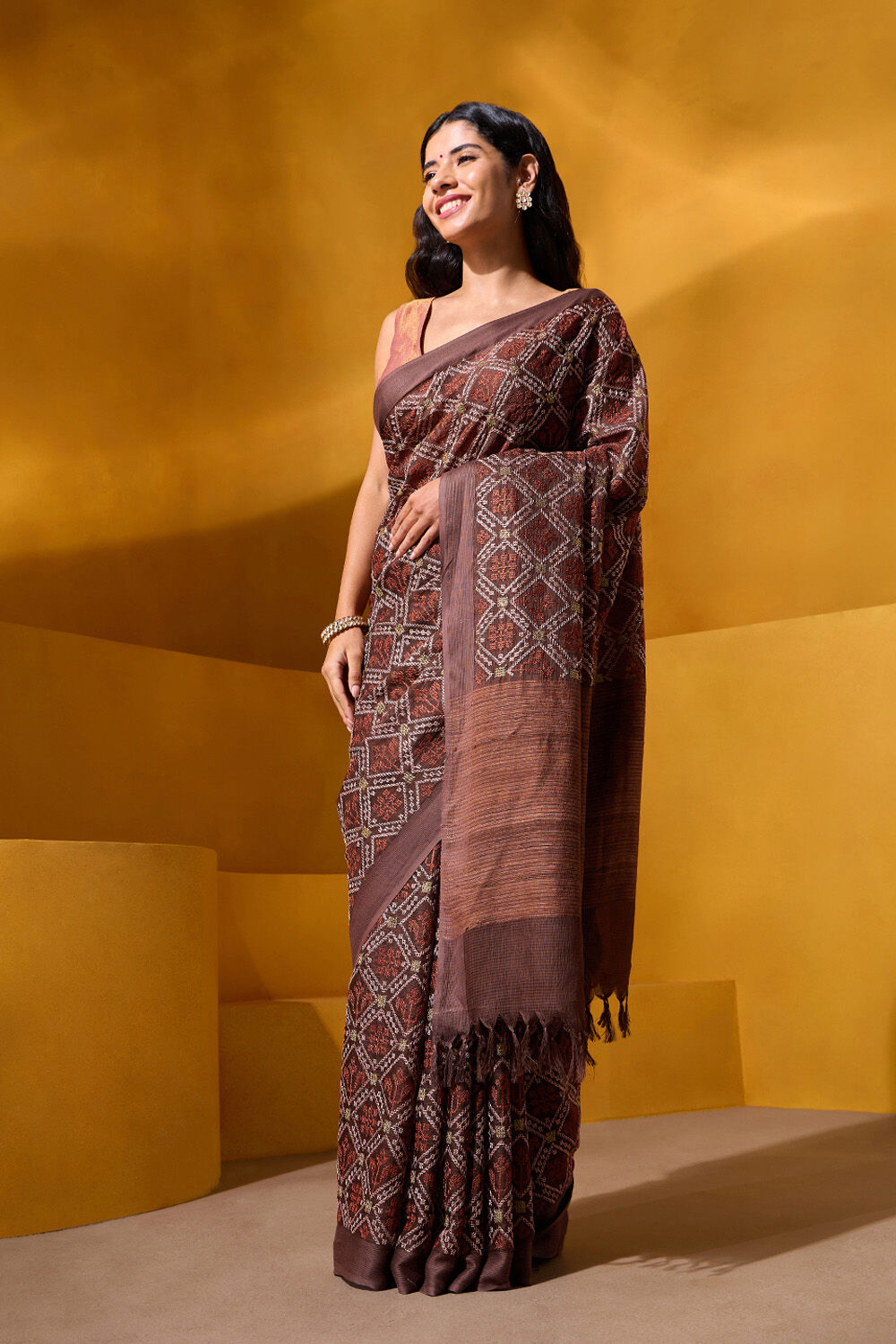 Brown Silk Modal Embroidered Saree image number null