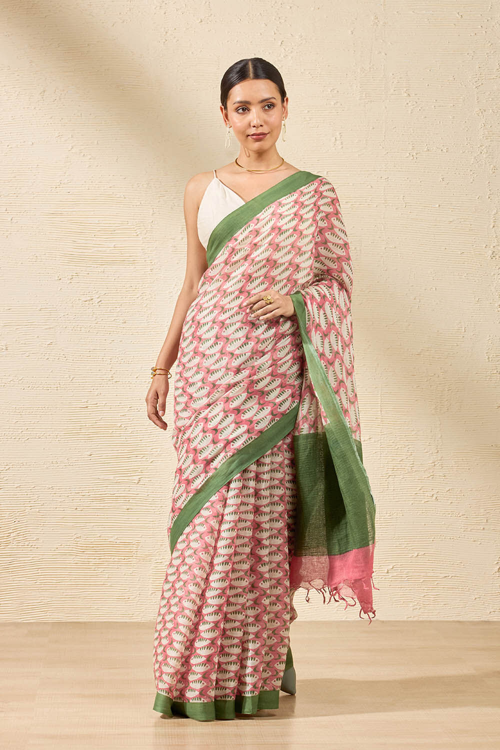 Red Screen Printed Pure Linen Cotton Saree image number null
