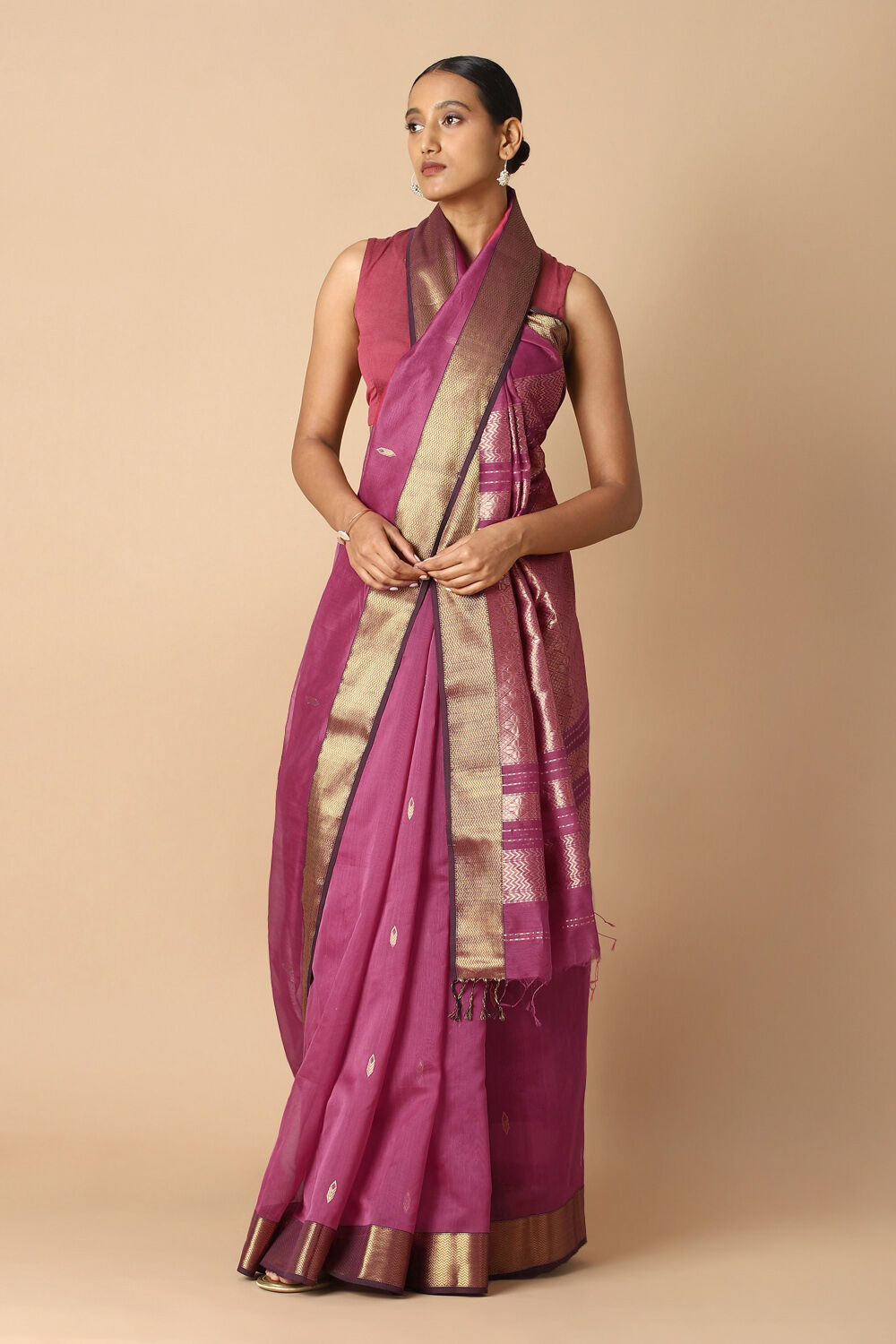 Dark Pink Pure Silk Cotton Maheswari Saree image number null