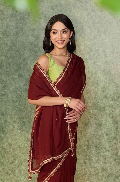 Dark Red Embroidered Viscose Organza Saree