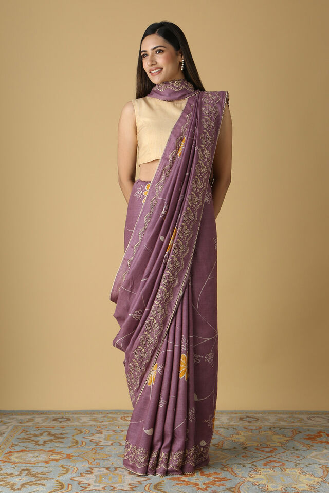 Purple Pure Tussar Vanya Embroidered Saree
