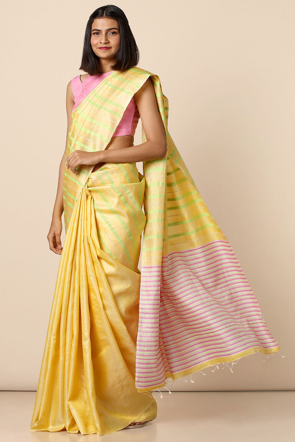 Yellow Pure Tussar Silk Woven Saree image number null