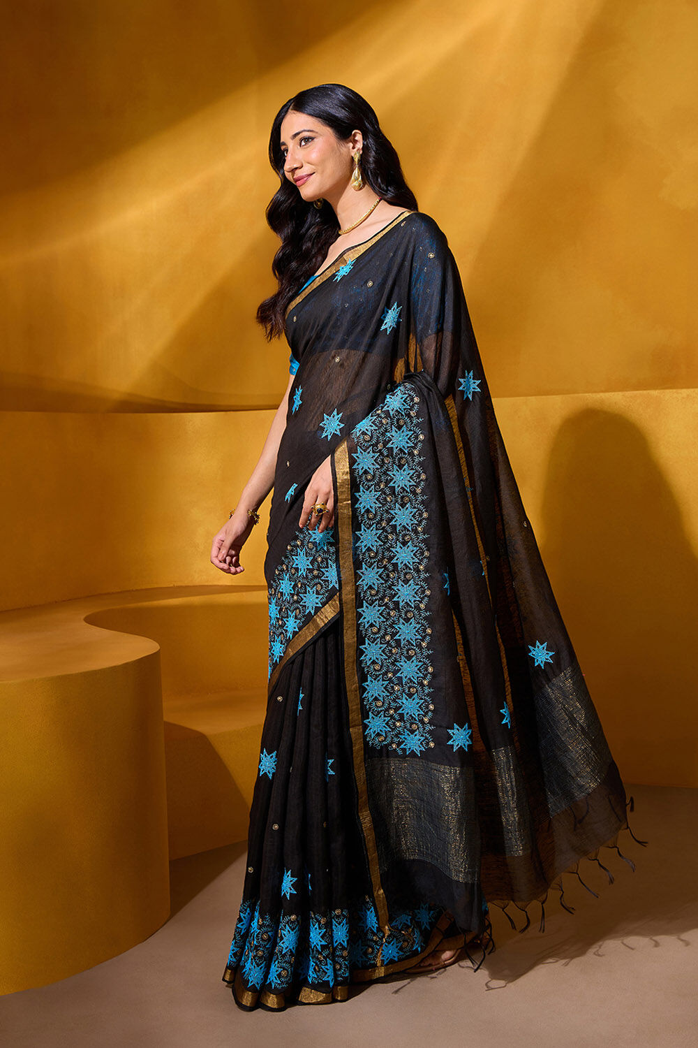 Black Pure Silk Linen Embroidered Saree image number null