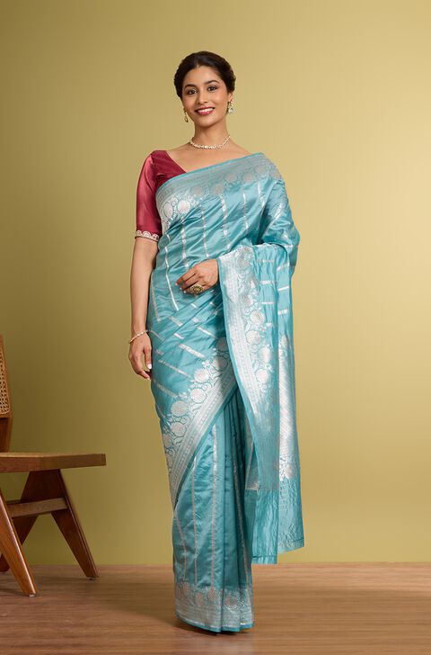 Light Blue Pure Silk Kadwa Banarasi Saree