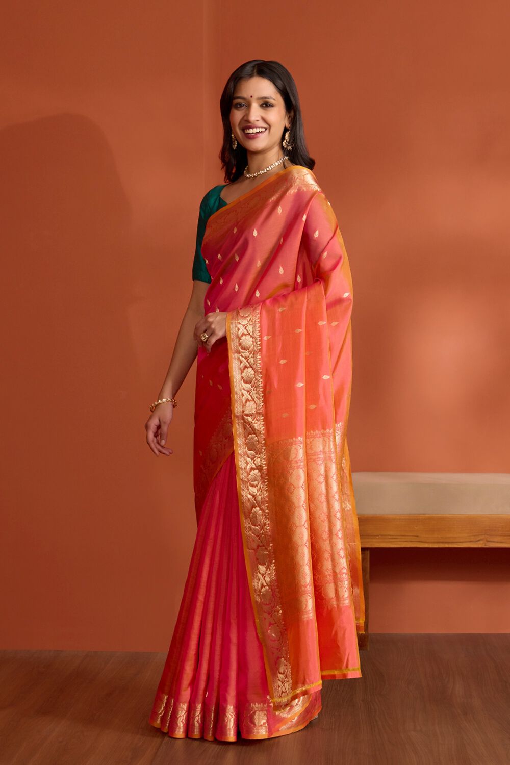 Pink Silk Viscose Banaras Cutwork Saree image number null