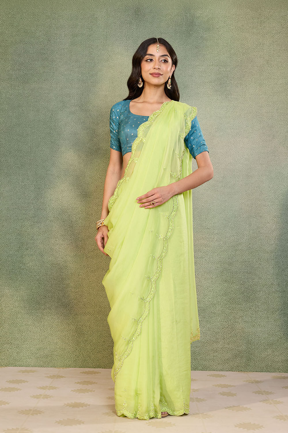Light Green Viscose Organza Embroidered Saree image number null
