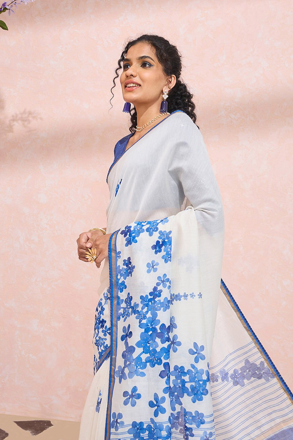 Off White Pure Silk Cotton Printed Embroidery Saree image number null