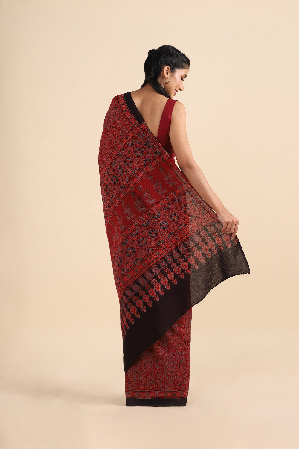 Red Pure Cotton Ajrakh Printed Saree image number null