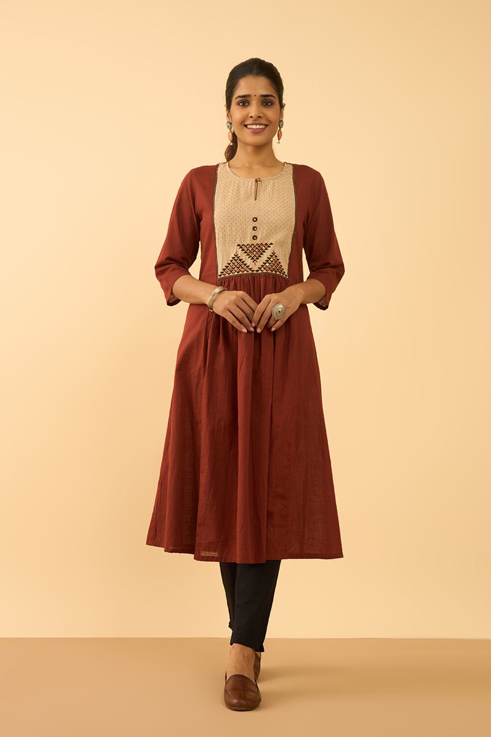Dark Red Block Printed Pure Cotton Kurta image number null