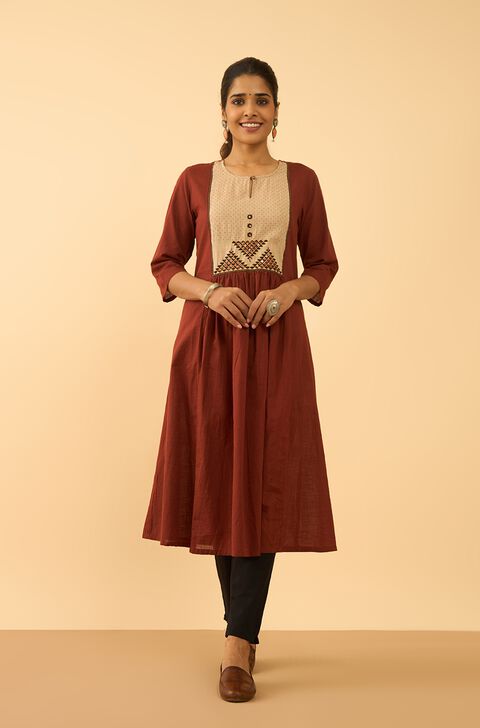 Dark Red Block Printed Pure Cotton Kurta