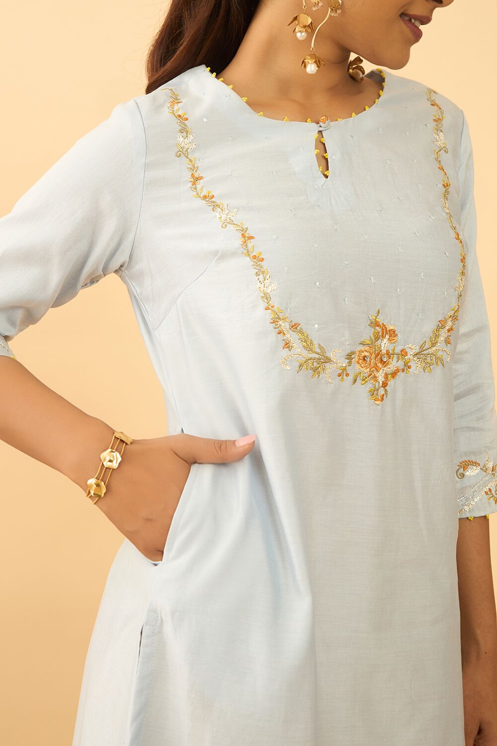 Light Blue Pure Silk Cotton Embroidered Kurta image number null