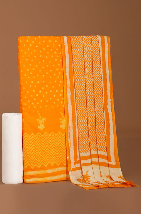 Yellow Pure Cotton Linen Dabu Block Printed Unstitched Suit Set